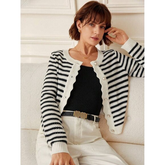 Black White scalloped preppy Striped Cardigan pearl Button Plazacore - Picture 1 of 2